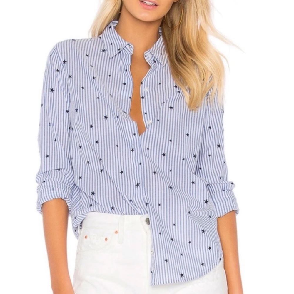 Rails Rocsi Flocked Star Navy & White Stripe Rayon Button Down Blouse Sz Medium